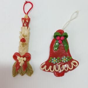 Set of 2 Vintage Handcrafted in Ecuador Candle and Bell Christmas Ornaments